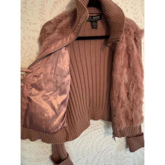 C. Magic Women's AUTH Fur and Ribbed Knit Zip-Up Sweater L - Picture 7 of 8